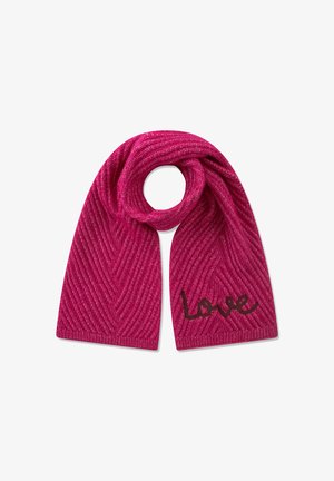 Fuchsia scarf with a ribbed texture, featuring a cursive "love" inscription in dark brown. Circular design at the center.