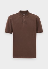 Brown cotton polo shirt with short sleeves, three buttons at the collar, and a straight hem. Features a soft, smooth texture.
