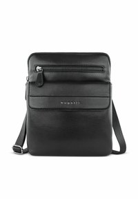Borsa a tracolla in pelle nera con finitura testurizzata, dotata di tasca frontale con zip, tracolla regolabile e logo impresso sulla parte anteriore.