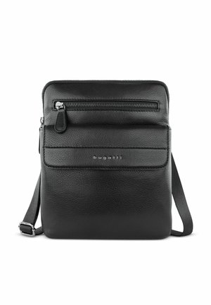 Sac bandoulière en cuir noir avec finition texturée, comprenant une poche zippée à l'avant, une sangle réglable et un logo en relief à l'avant.