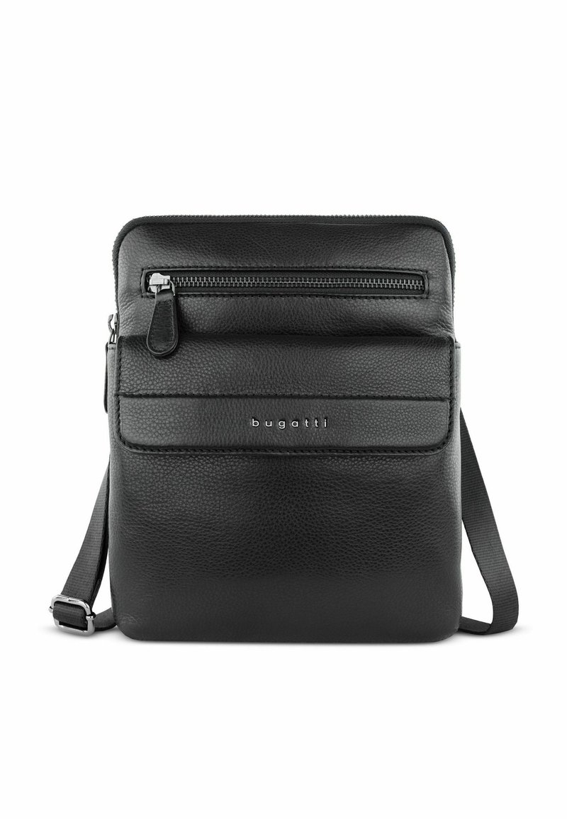 Borsa a tracolla in pelle nera con finitura testurizzata, dotata di tasca frontale con zip, tracolla regolabile e logo impresso sulla parte anteriore.