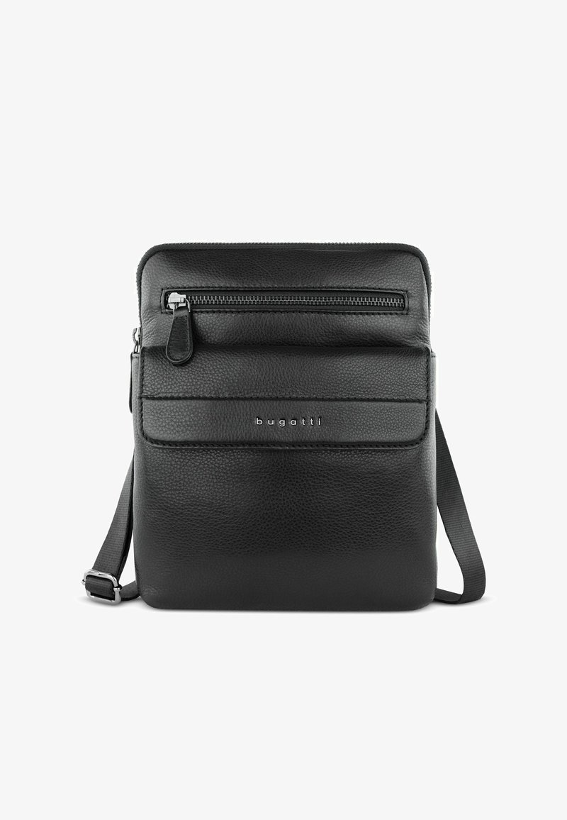 Borsa a tracolla in pelle nera con finitura testurizzata, dotata di tasca frontale con zip, tracolla regolabile e logo impresso sulla parte anteriore.