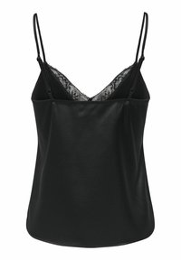 Caraco en satin noir avec fines bretelles réglables et bordure en dentelle le long de l'encolure en V.