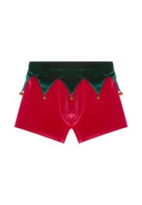 Røde fløjlshorts med en grøn fløjlslinning, der har et bølget design og gyldne jingle bells nederst.
