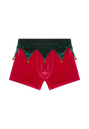 Red velvet boxers with a green velvety waistband featuring a scalloped design and gold jingle bells at the bottom.