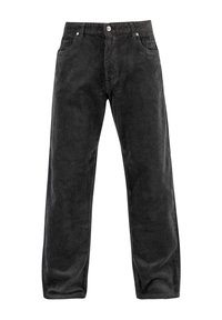 Schwarze Kordhose mit geradem Bein, ausgestattet mit einer strukturierten Oberfläche, fünf Taschen sowie metallischen Knopf- und Nietenakzenten.