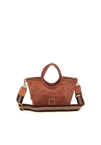 Borsa a tracolla in pelle marrone con una forma rotonda, manici superiori e una tracolla regolabile con motivo. Presenta una placca metallica sulla parte frontale.