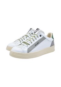 White sneakers with mesh panels, a smooth leather upper, green and grey accents, and contrasting striped laces on a beige sole.