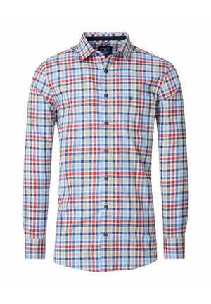 Langärmliges Hemd mit Knopfleiste, das ein farbenfrohes Karomuster in Blau, Rot und Beige aufweist. Baumwollstoff mit einem normalen Kragen und einer aufgesetzten Tasche.
