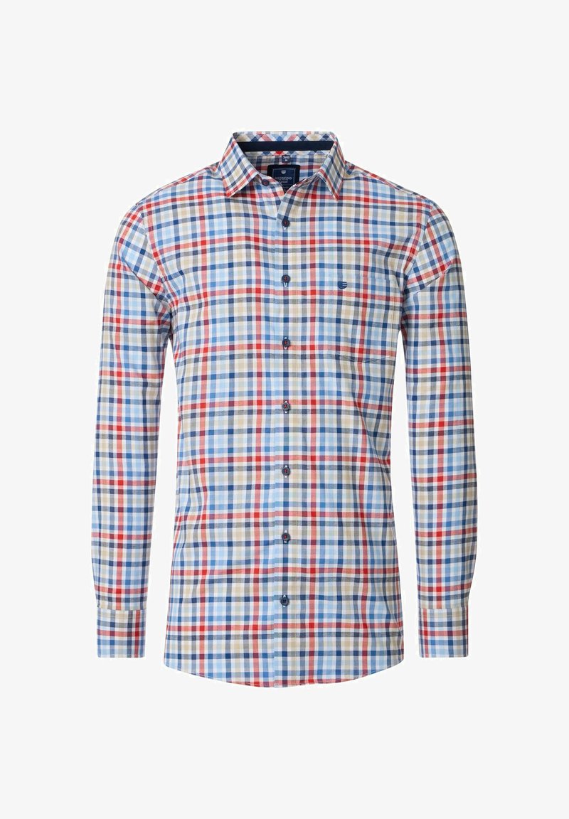 Langärmliges Hemd mit Knopfleiste, das ein farbenfrohes Karomuster in Blau, Rot und Beige aufweist. Baumwollstoff mit einem normalen Kragen und einer aufgesetzten Tasche.