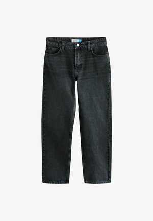 Dunkelgraue Denim-Jeans mit geradem Bein, fünf Taschen, einem standardmäßigen Bund und einem Schließmechanismus mit Knopf und Reißverschluss vorne.