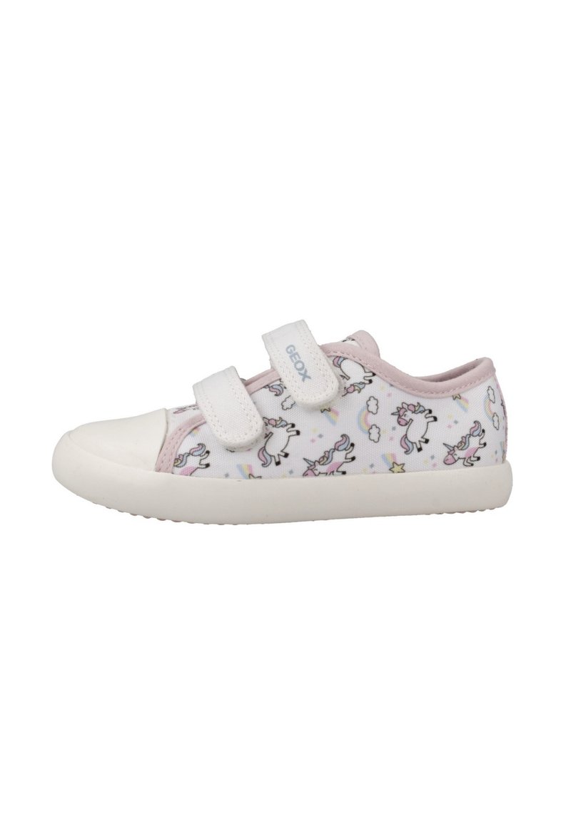Scarpe per bambini GEOX con un design bianco e rosa che presenta unicorni, arcobaleni e stelle, dotate di cinturini in Velcro e una suola in gomma.