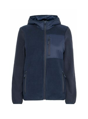Marineblå hettejakke med en kombinasjon av fleece og glatt stoff; har glidelåslommer og en brystlomme med en subtil glans.