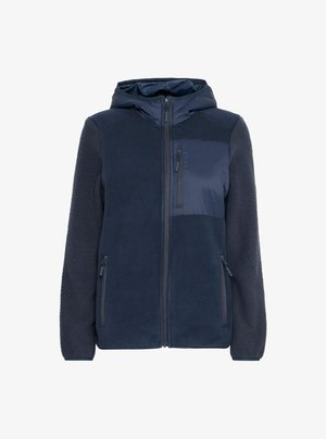 Navy hooded jacket with a mix of fleece and smooth fabric; features zippered pockets and a chest pocket with a subtle sheen.
