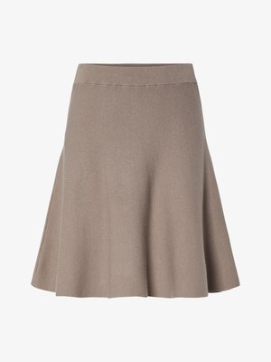 Laia seelik, mis on valmistatud pehmest, tekstureeritud kangast taupe värvuses. Sellel on elastne vöökoht ja sile viimistlus.