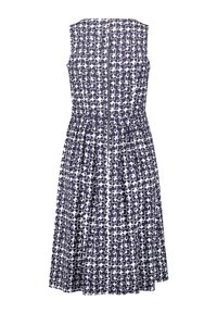 Ärmelloses Kleid mit einem marineblauen und weißen geometrischen Muster, pleite Rock und einem Reißverschluss hinten zur Schließung.