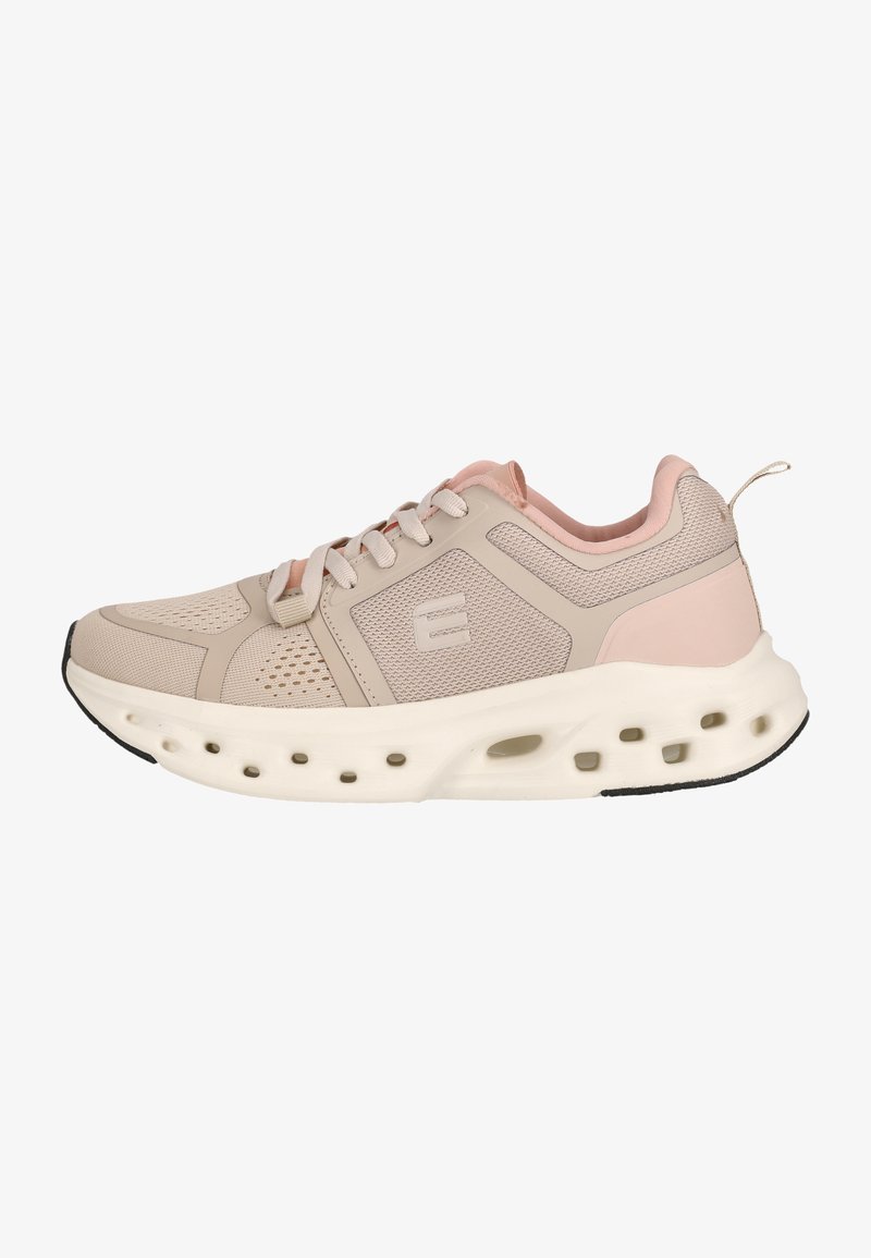 Beige Sneakers mit pinken Akzenten, Obermaterial aus Mesh, gepolstertem Kragen und runden Ausschnitten in der Sohle, ausgestattet mit einer Gummisohle und Schnürverschluss.
