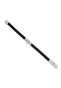 Bracciale in pelle nera intrecciata con chiusura metallica argentata e accento testurizzato in argento. Il design è elegante e minimalista.