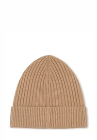 Berretto in maglia beige con texture a coste e risvolto, dotato di un design superiore senza cuciture. Adatto per l'uso in climi freddi.