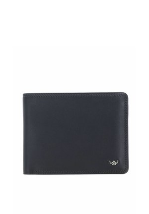 Portefeuille noir en cuir bifold avec un petit logo ailé argenté en bas à droite, présenté fermé sur fond blanc.