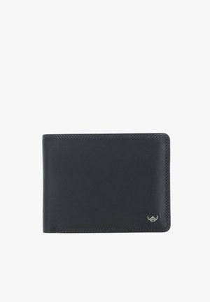 Schwarze Leder-Bifold-Geldbörse mit kleinem silbernem Flügel-Logo unten rechts, geschlossen auf weißem Hintergrund gezeigt.