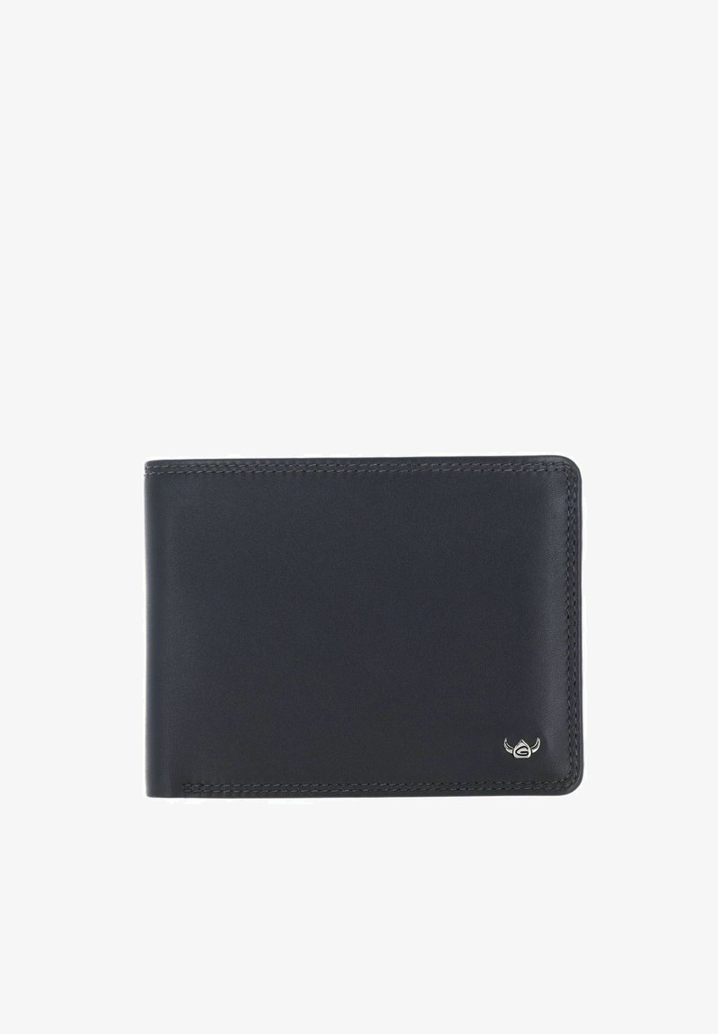 Portefeuille noir en cuir bifold avec un petit logo ailé argenté en bas à droite, présenté fermé sur fond blanc.