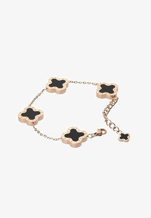 Armband in Goldfarbe mit vier linksförmigen schwarzen Blüten, die mit eingravierten Details versehen sind, verbunden durch eine filigrane Kette mit einem Karabinerverschluss.