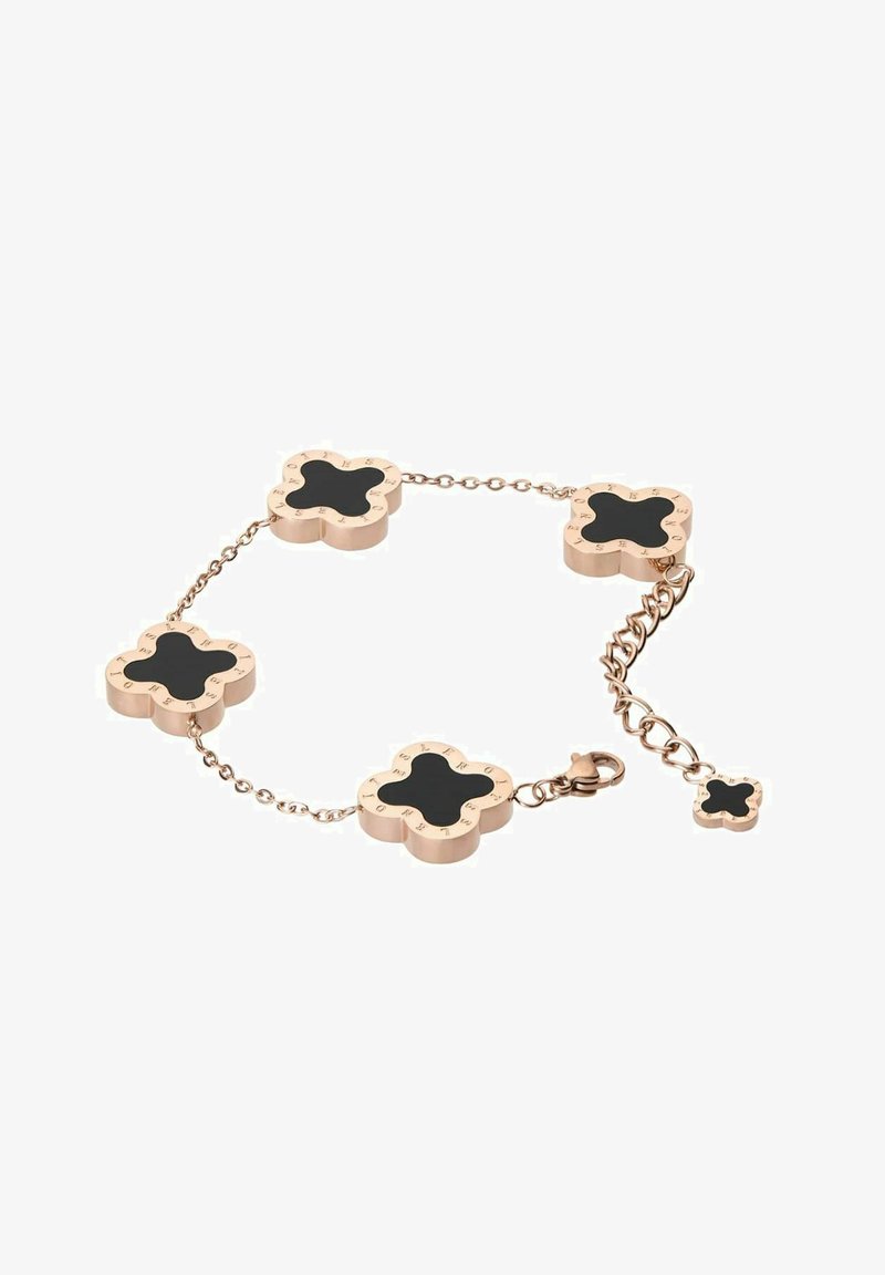 Guldfärgad armband med fyra svarta blommig formade länkar med ingraverade detaljer, kopplade av en känslig kedja med en hummerklämma.