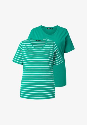 Ulla Popken, T-SHIRTS, 2ER-PACK, UNI/STREIFEN, V-AUSSCHNITT, HALBARM - T-shirt basique - emerald