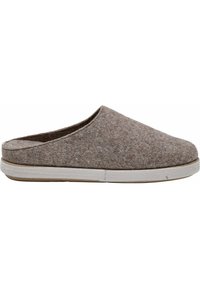 Hnedé plstené slip-on topánky s okrúhlou špicou a otvorenou zadnou časťou. Biela gumová podrážka s jemnou štruktúrou, doplnená svetlo hnedým akcentom.