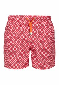 Costume da bagno rosso con motivo geometrico bianco, cintura elastica e cordino arancione con punte argentate. Tessuto leggero.