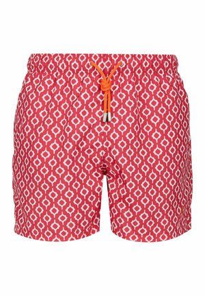 Costume da bagno rosso con motivo geometrico bianco, cintura elastica e cordino arancione con punte argentate. Tessuto leggero.