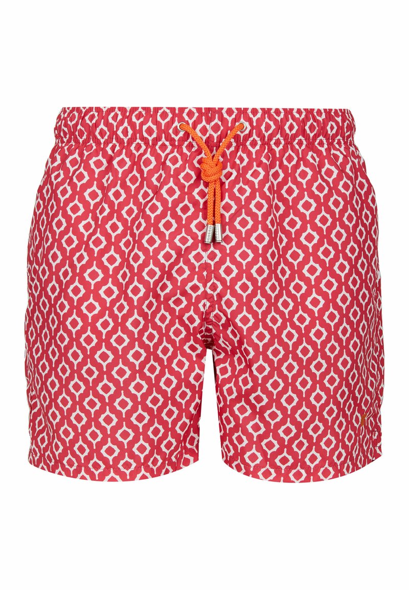 Costume da bagno rosso con motivo geometrico bianco, cintura elastica e cordino arancione con punte argentate. Tessuto leggero.