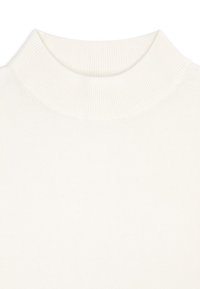 Kremowy sweter z prążkowanym materiałem i wysokim kołnierzem, który ściśle przylega do szyi, zapewniając komfortowe dopasowanie.