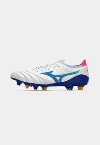 White football boots with blue accents, textured finish, and raised stripes. Features a blue sole with multi-colored studs in pink, yellow, and blue.