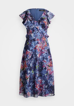 Robe à imprimé floral dans les tons bleu, violet et rose. Dotée de manches volantes et d'un design enroulé, avec une fermeture éclair au dos. Style mi-long.