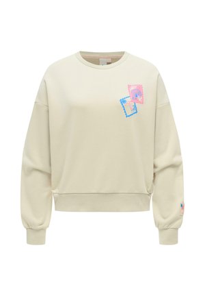 Beżowa bluza z okrągłym dekoltem i długimi rękawami, z żebrowanymi mankietami i dołem, zdobiona małymi niebieskimi i różowymi wzorami znaczków pocztowych na piersi i rękawie.