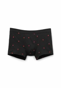 Svarta boxer briefs gjorda av stretchigt material, med ett mönster av små röda skallar jämnt fördelade över ytan.