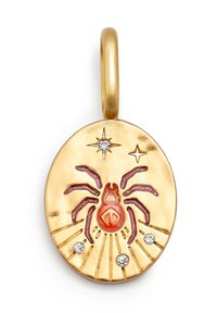 Colgante ovalado de oro con un diseño de araña, adornos rojos, contornos morados, tres pequeños diamantes y rayos grabados que irradian desde el centro.