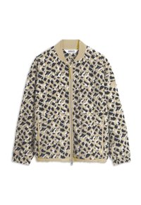 Veste en polaire zippée avec col côtelé beige, motif léopard en noir, blanc et beige, et poches latérales.