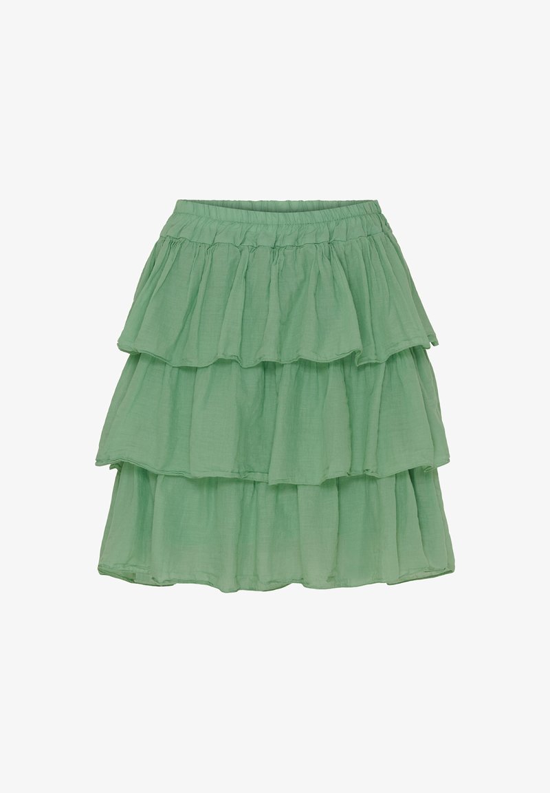 Lagdelt grøn nederdel med elastisk talje, lavet af letvægtsstof, der har tre volanglag og en gennemsigtig tekstur.