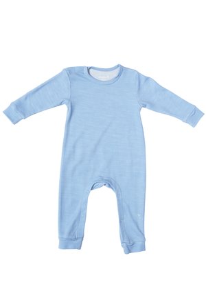Lyseblå bomulds-babybody med lange ærmer, trykknaplukning ved skuldrene og bunden samt tætsiddende manchetter. Blød tekstur og minimalistisk design.
