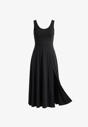 Rochie midi neagră fără mâneci, cu decolteu rotund și slit lateral, fustă fluidă, talie cambrată, fără modele sau ornamente vizibile.