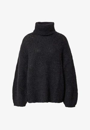 Dunkelgrauer Rollkragenpullover aus strukturiertem Strickmaterial, mit lockeren Ärmeln und oversized Passform sowie offenen Strickdetails an den Schultern.