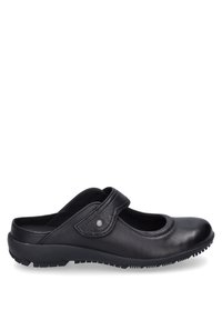 Schwarze Leder-Schlüpschuhe mit abgerundetem Zehenbereich, verstellbarem Riemen, strukturiertem Sohlenprofil und minimalen Nähdetails. Glatte Oberfläche mit leichtem Glanz.