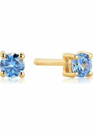 Goldene Steckerohrringe mit runden hellblauen Edelsteinen, die in einem Vierprong-Design gefasst sind und mit einer polierten Oberfläche sowie reflektierenden Flächen versehen sind.