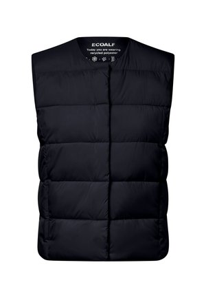 Svart quiltet ermeløs vest laget av resirkulert polyester, med rund hals og miljøvennlig merkelapp inni.