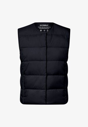 Svart quiltet ermeløs vest laget av resirkulert polyester, med rund hals og miljøvennlig merkelapp inni.