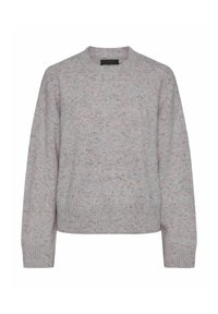 Suéter de punto moteado gris claro con mangas largas, puños acanalados, dobladillo y cuello redondo.