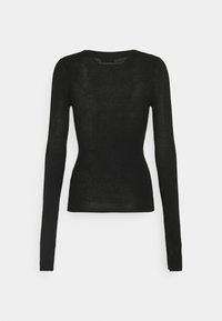 Haut à manches longues noir en rib avec une silhouette ajustée. Fabriqué en tissu léger et texturé. Encolure ras du cou et détail discret à l'arrière.